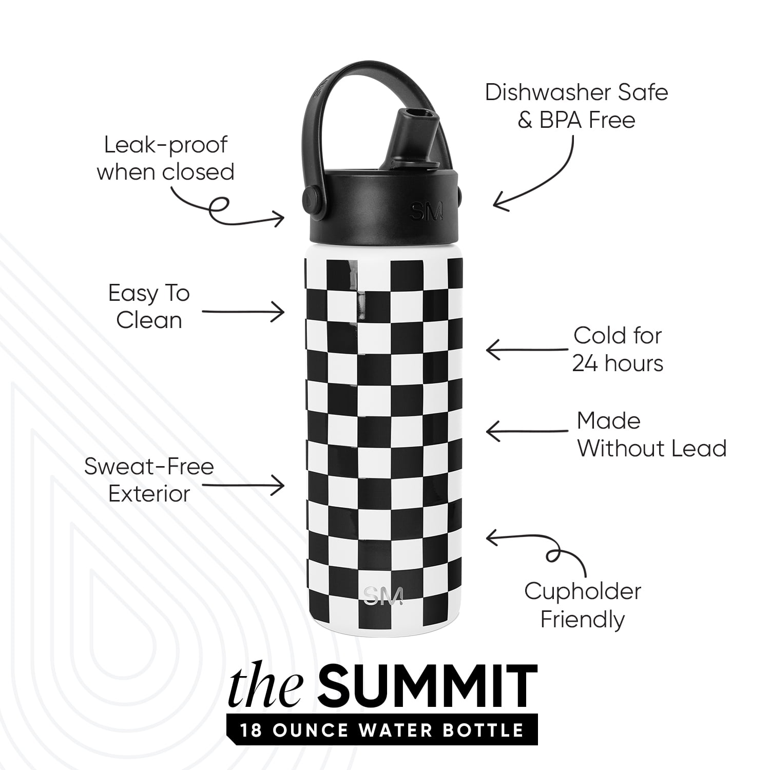 Simple Modern 18 fl oz Insulated Stainless Steel Summit Wide Mouth Water Bottle with Handle and Straw Lid|Black and White Checkmate