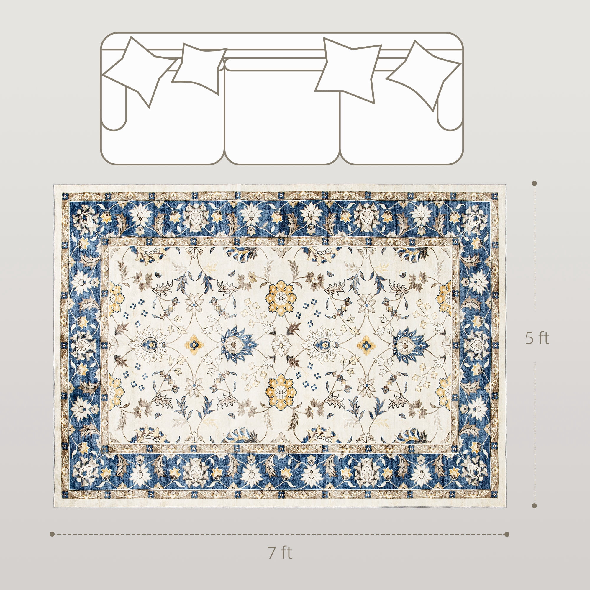 HOMCOM Machine Washable Area Rug 5x7, Non-Slip Boho Floral Print Floor Carpet for Living Room, Bedroom, Dining Room, Blue