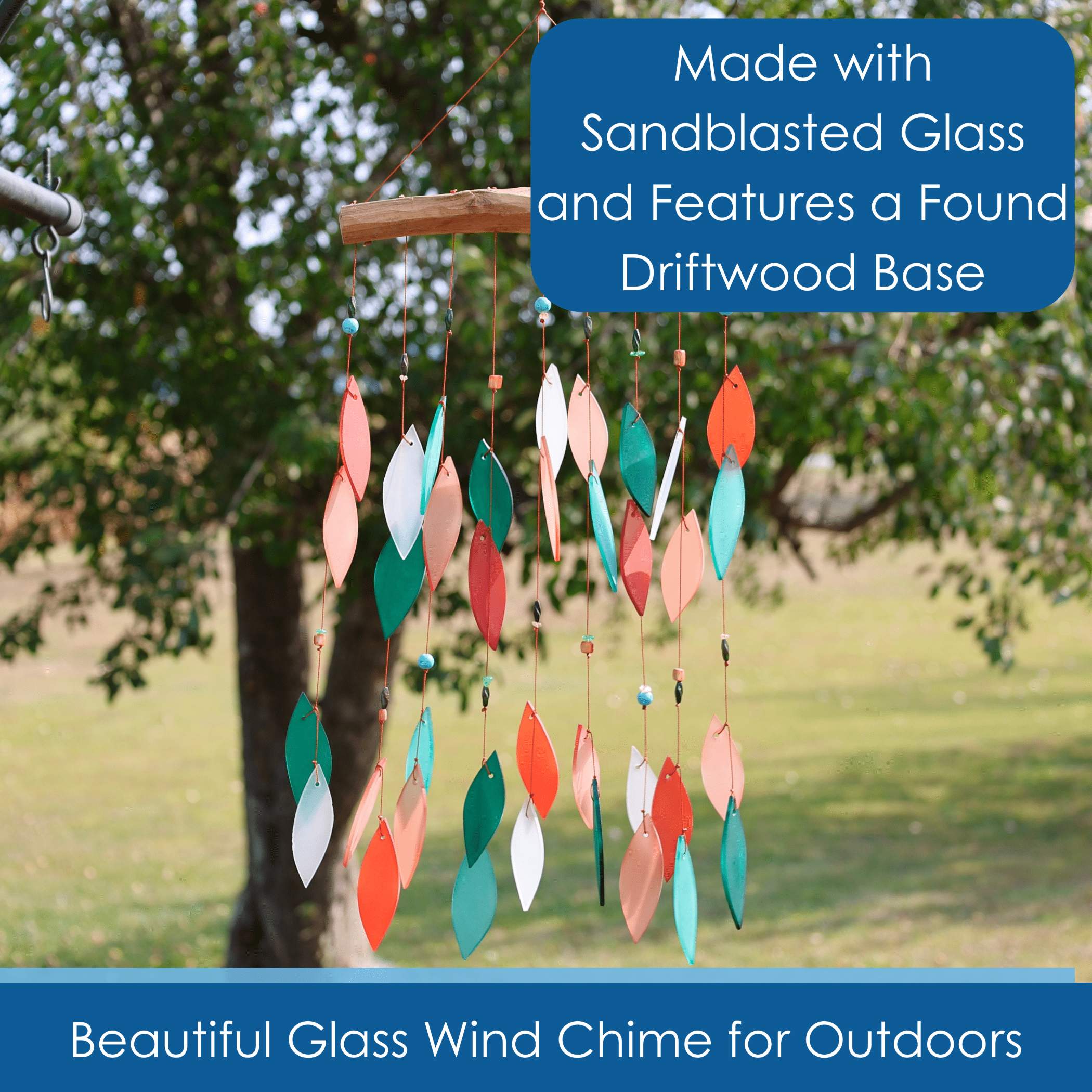 Blue Handworks Coral and Teal Beaded Glass & Driftwood Wind Chime - Sandblasted Glass and Found Wood Handcrafted Outdoor and Garden Windchime