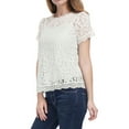 thumbnail image 3 of MODA NOVA Junior's Scalloped Trim Short Shirred Sleeves Sheer Floral Lace Blouse White XS, 3 of 7