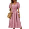thumbnail image 2 of Dolkfu Pink Women's Fall&Winter dresses Waist Cinched V-Neck Short Sleeve Long Fit & Flare Dresses Refined Polka Dot Regular Patchwork Dresses Pink,S, 2 of 6