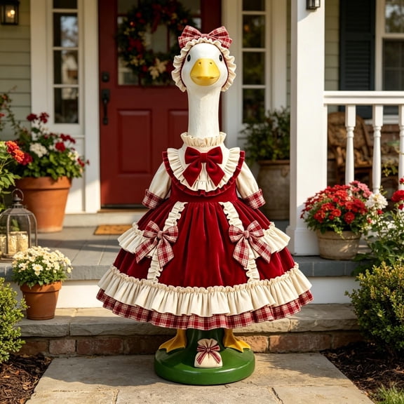 RUINIXCW Winter Christmas Porch Goose Outfits for 23 inch Cement Plastic Goose Statue Accessories Holiday Porch Goose Xmas Clothes Plaid Ruffled Dress Hat Set Yard Patio Lawn Art Decor (No Goose)