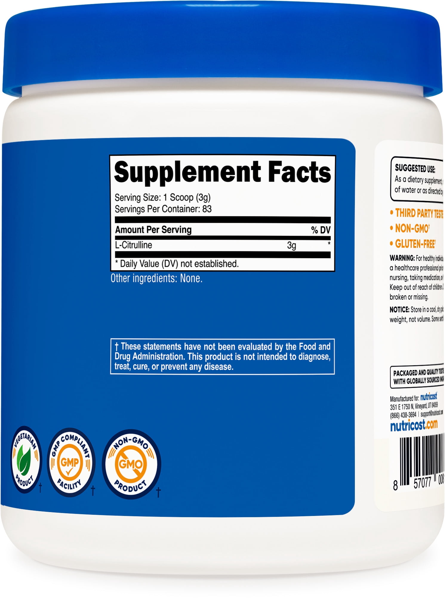 Nutricost Pure L-Citrulline (Base) Powder 250 Grams - Vegetarian Health Supplement