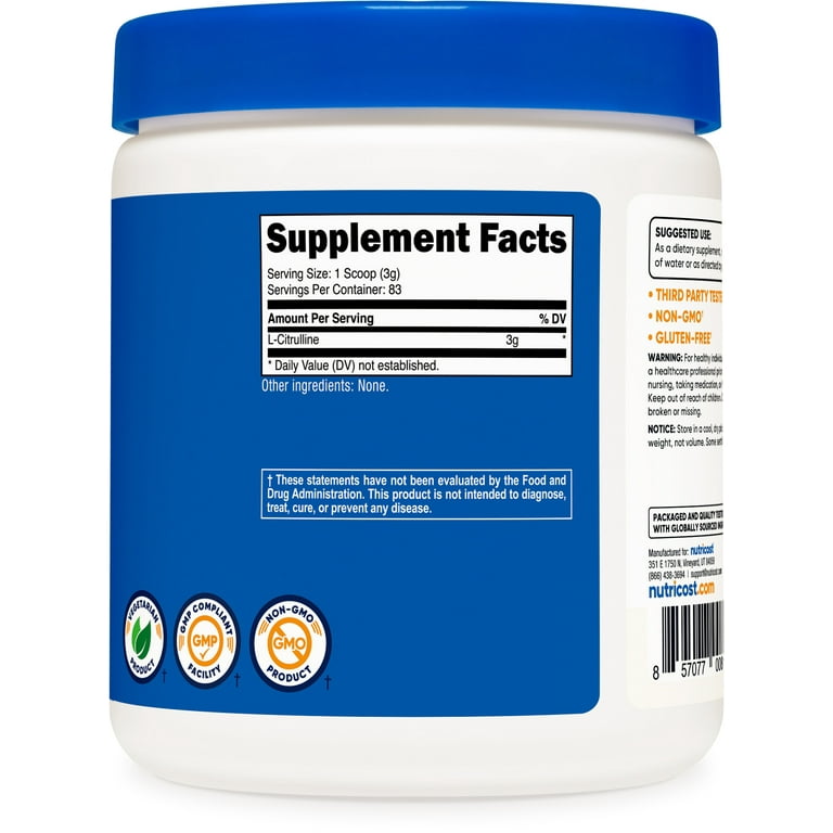 Nutricost Pure L-Citrulline (Base) Powder 250 Grams - Vegetarian Health Supplement