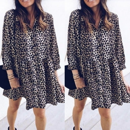 - Women Casual Long Sleeve Leopard Printed Short Mini Dress Cocktail Party Dress Size S