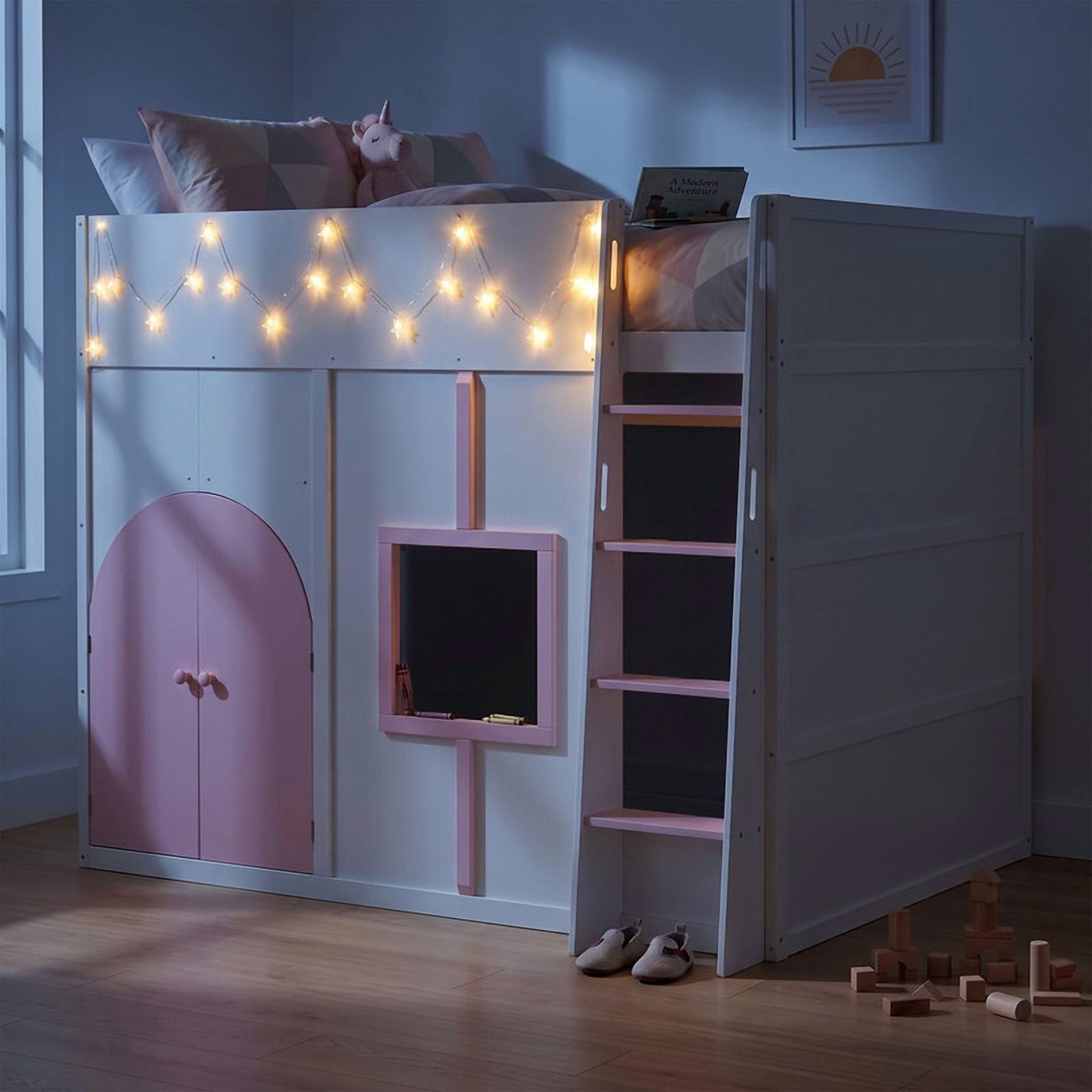 Full Size Playful Child Loft Bed with Doors & Window, Wood Kids House Bed Frame with Light Strip & Built-In Ladder