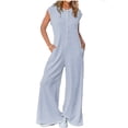 thumbnail image 2 of Women's Short Sleeve Wide Leg Striped Bodysuit Casual Round Neck Bodysuit Button Summer Suit, 2 of 8