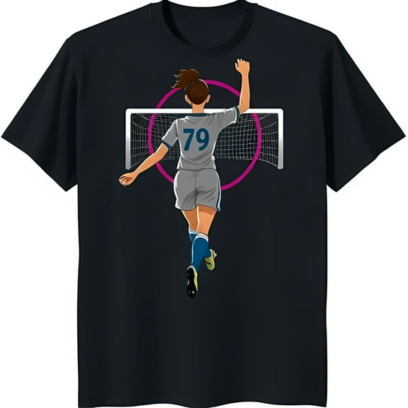 Celebrate Victory in Style: Black T-Shirt with Female Soccer Player Graphic Number 79