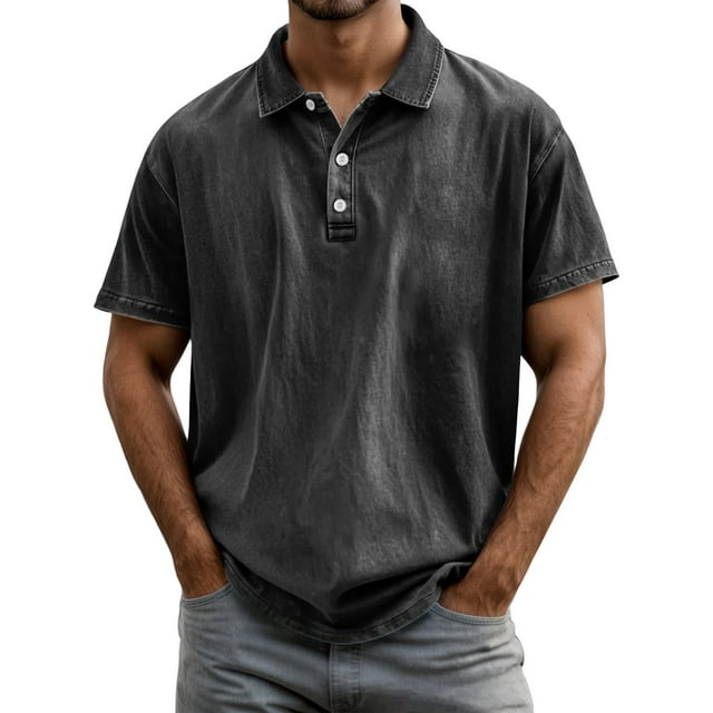 Adult Men's Polo T Shirts Short Sleeve Button Tees Shirts Basic Black Men TShirts