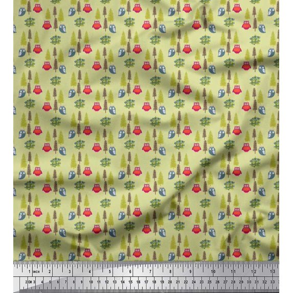 Soimoi Cotton Voile Fabric Text,Tree & Owl Cartoon Printed Fabric 1 Yard 42 Inch Wide