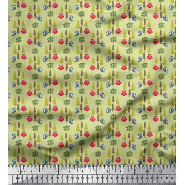 Soimoi Poly Georgette Fabric Text,Tree & Owl Cartoon Print Fabric by The Yard 52 Inch Wide