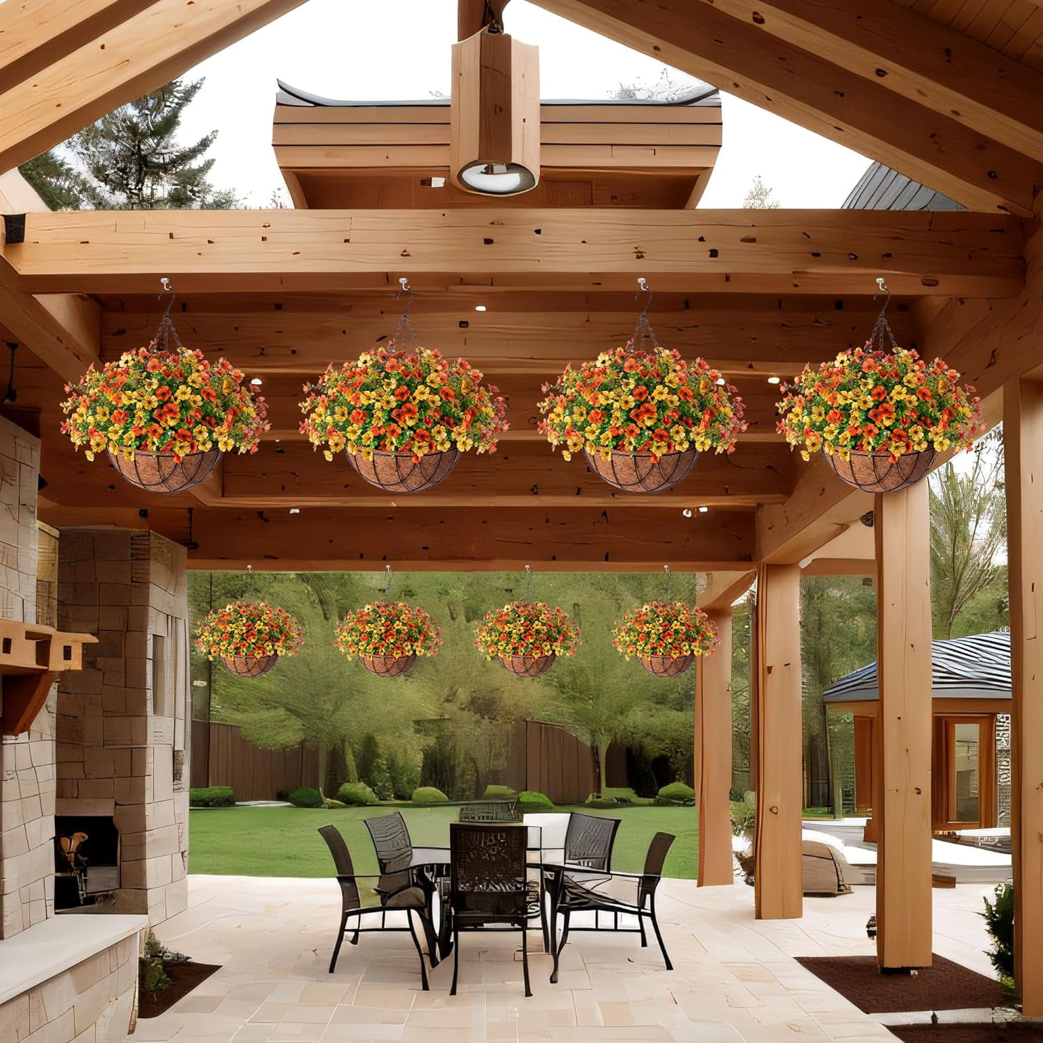 Artificial Flowers in Basket,Artificial Hanging Baskets with Flowers for Outdoors Indoors Courtyard Decor,Coconut Lining Basket for Patio Garden Porch Deck Decoration