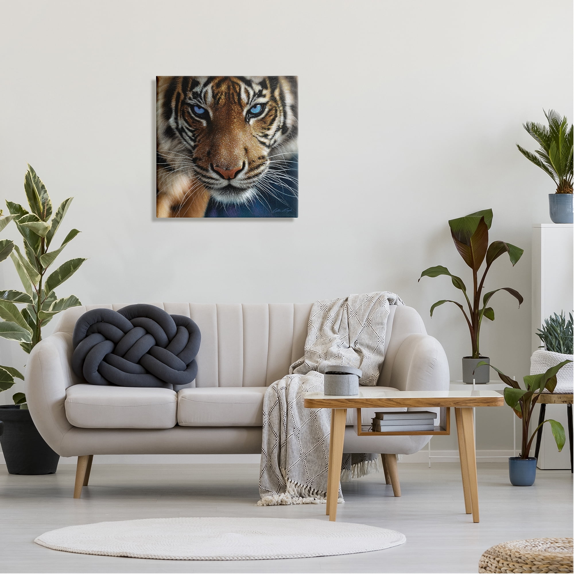 Stupell Industries Blue Eyed Beautiful Fierce Tiger Close Up Detailed Portrait Paintings Gallery-Wrapped Canvas Print Wall Art, 24x24, by Collin Bogle