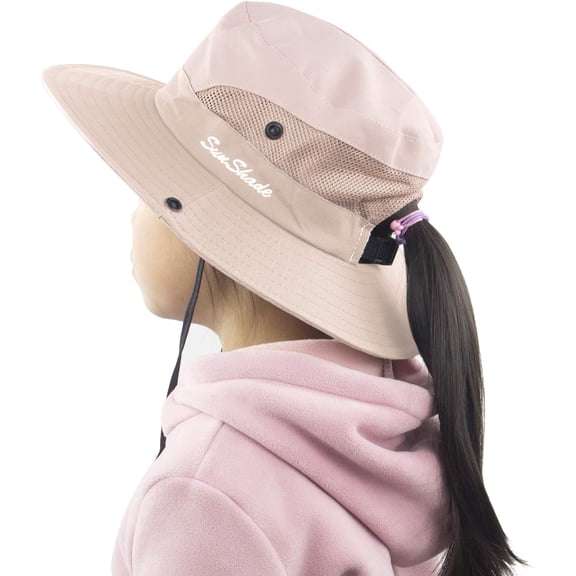Kids Girls Ponytail Sun Hat Wide Brim UV Protection Summer Bucket Cap