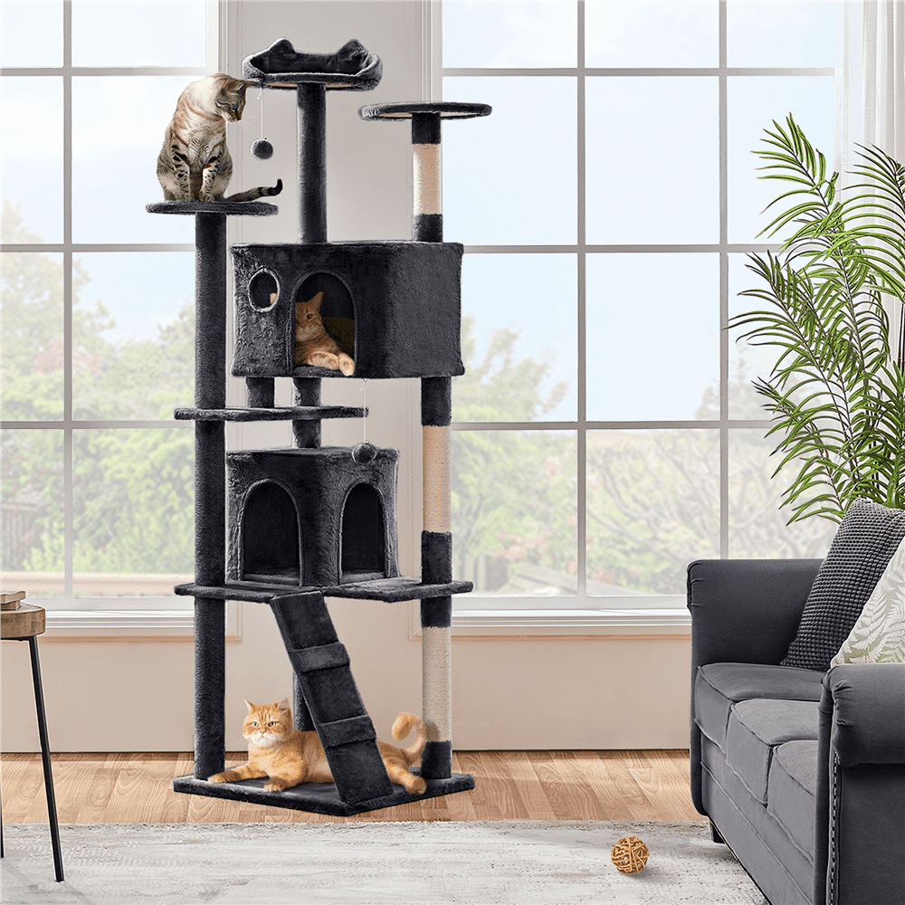 Alden Design 80″ Tall Multilevel Cat Tree with 2 Condos & 3 Scratching Posts for Kittens, Black