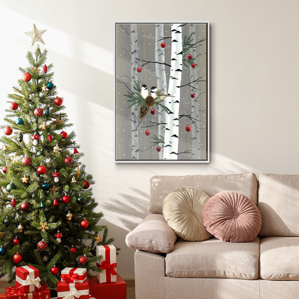 Birch Birds II - Framed Gallery Wrapped Holiday Canvas - 17 x 25 - White Frame