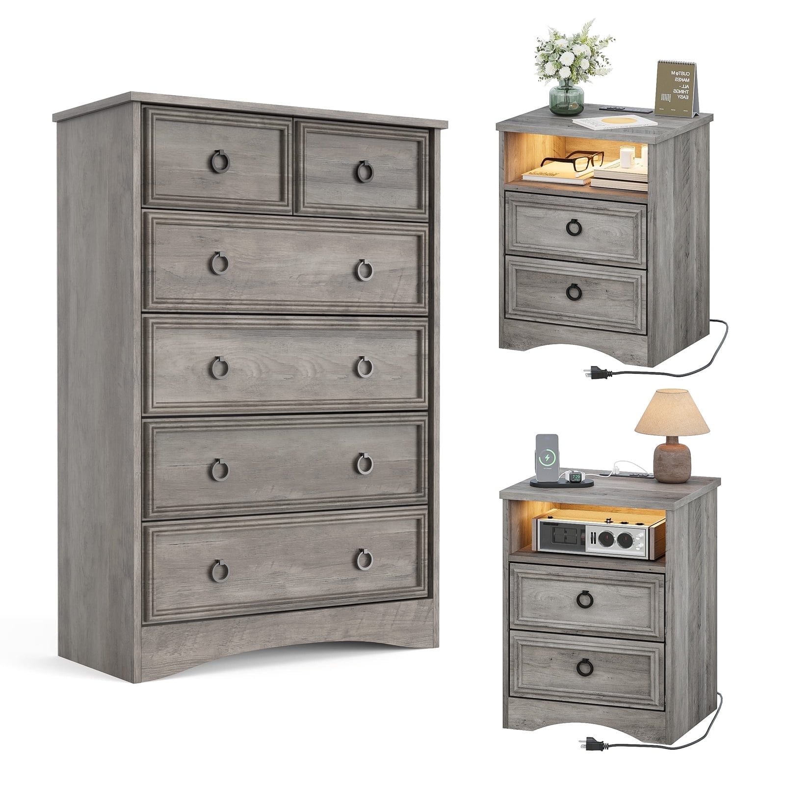 LGHM 3 Piece Bedroom Dresser Set, 6 Drawer Double Dresser, 2 Drawers Nightstand set of 2, with LED Lights, Gray
