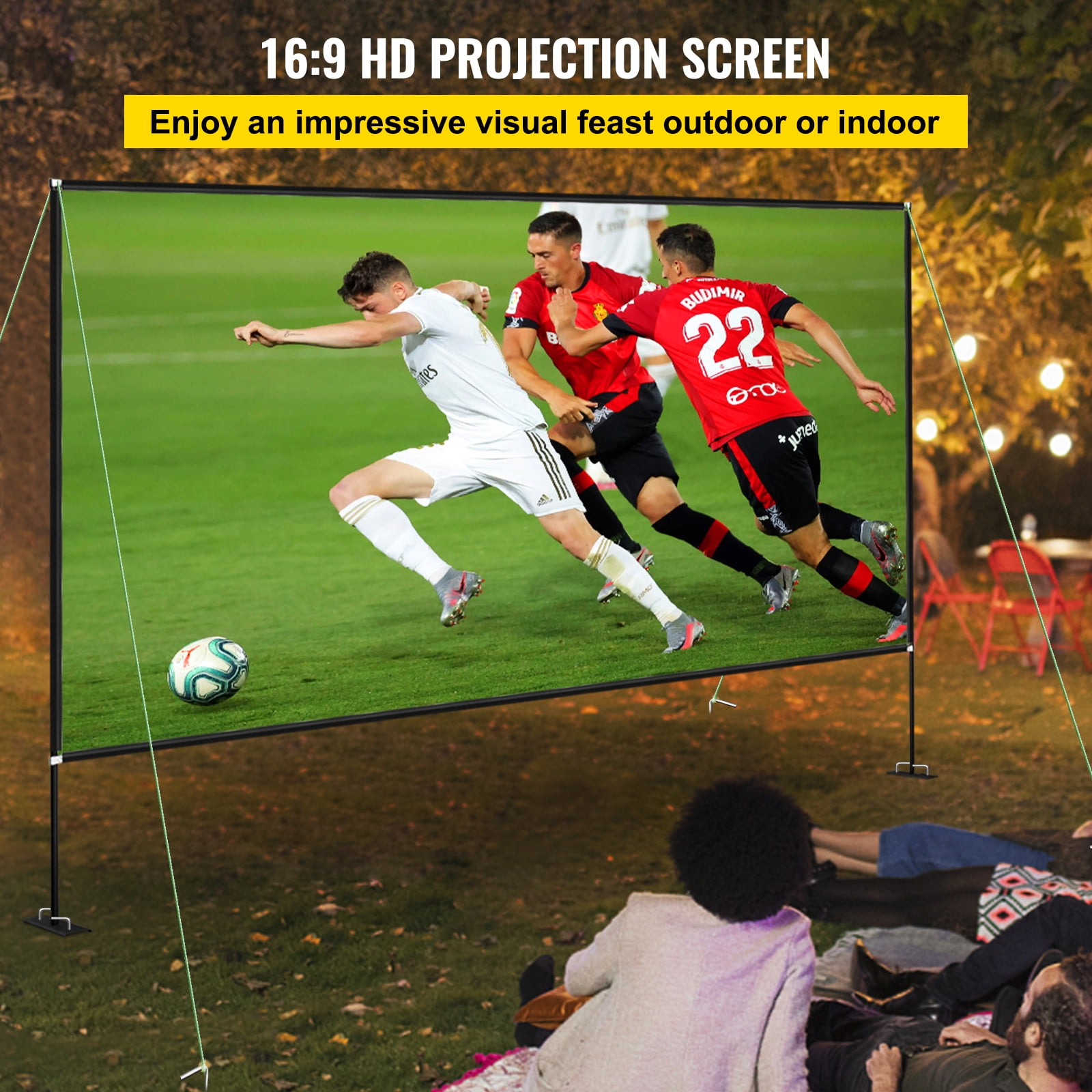 KFFKFF Outdoor Movie Screen w/ Stand, 150" Portable Movie Screen, 16:9 HD Wide Angle Outdoor Projector Screen, Front & Rear Projection,