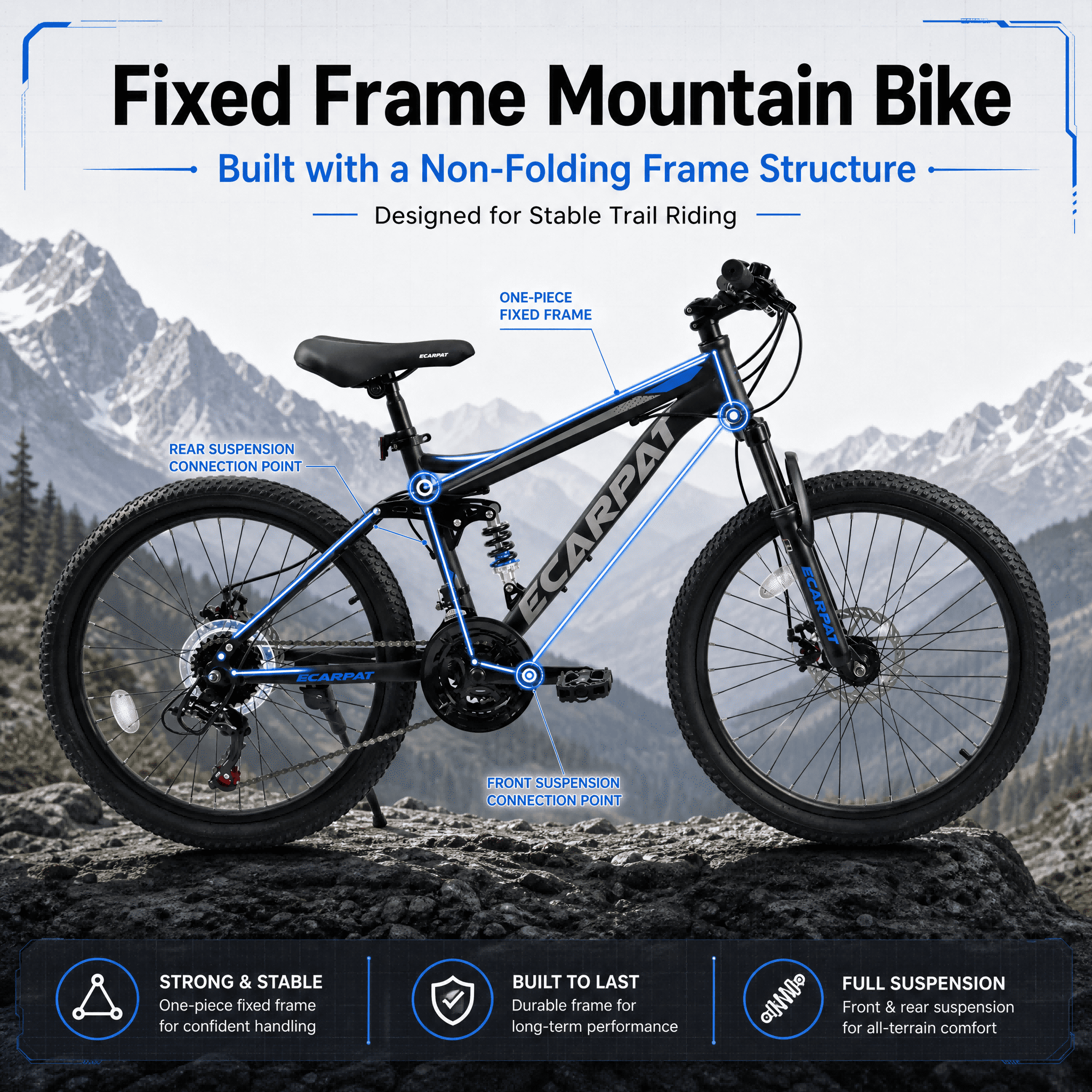 FUPOJH 26" Full Suspension Mountain Bike,21-Speed,Disc Brakes,250lb,Adult Unisex All-Terrain Bike,Black