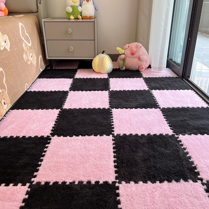 Interlocking Carpet Shaggy Soft EVA Foam Mats Fluffy Square Thickened Plush Tiles Protective Floor Tiles Exercise Play Mat for Children Kids Room Home Parlor Bedroom (Black, 12 Pcs)
