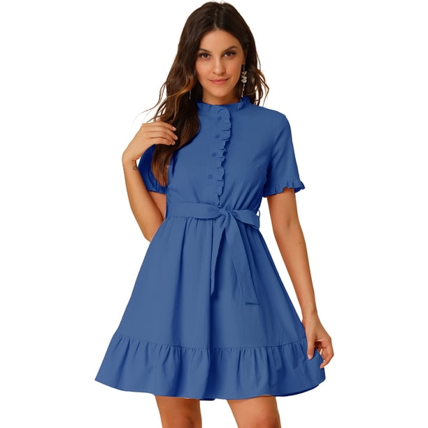 Vestido Camisero Entallado Y Con Vuelo Con Volantes Y Botones En La Parte Delantera Azul L
