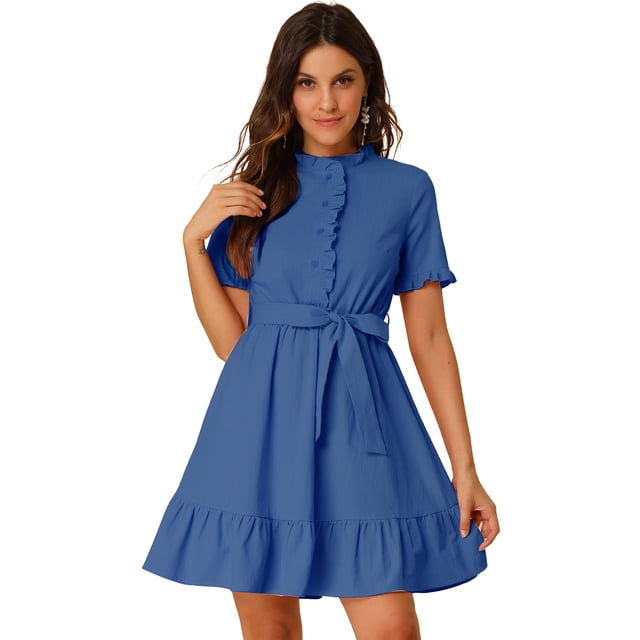Vestido Camisero Entallado Y Con Vuelo Con Volantes Y Botones En La Parte Delantera Azul L