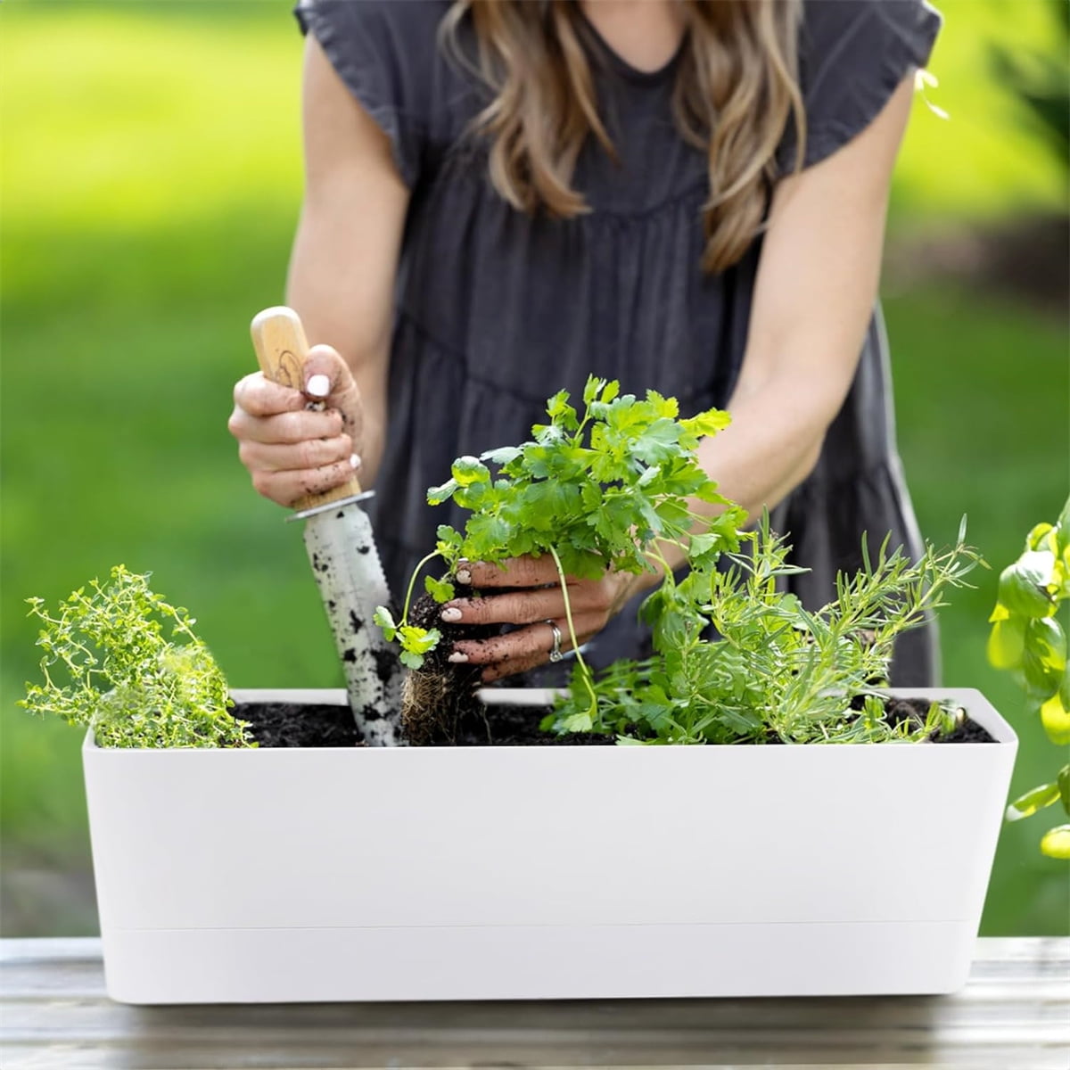 GIXUSIL Rectangular Plastic Planter, 12"x3.8" Window Box Planter with Tray, Lightweight & Extremely Durable FlowerPot, White, 1 Pcs
