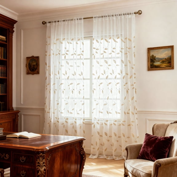 VOGOL Botanical Embroidered Sheer Curtains, Farmhouse Style, Rod Pocket Light Filtering Drapes for Living Room, 52x84 Inches