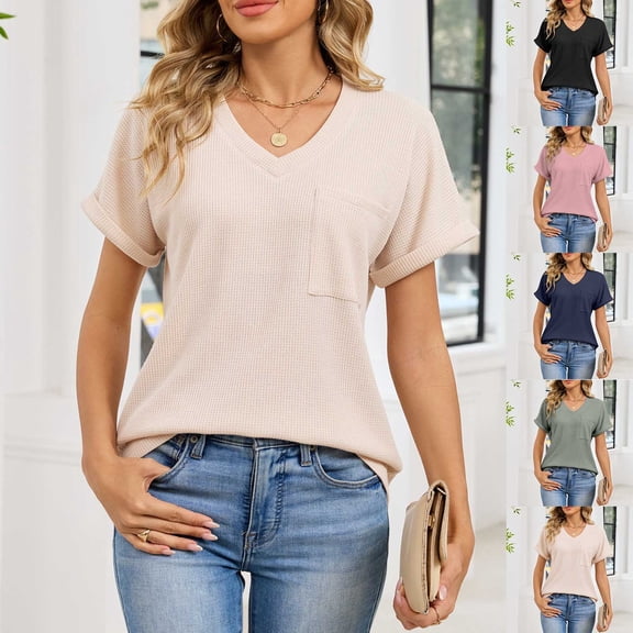 Paiwinds Women's Pocket Detail V-Neck Short Sleeve Pullover Blouse - Soft Polyester Cotton Blend Casual Top for Daily Wear, Errands & Relaxed Outings
