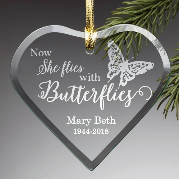 "Now She Flies With Butterflies" Personalized Glass Ornament