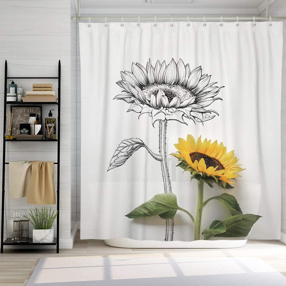 Black Background Sunflowers Green Leaves Shower Curtain Set Bathroom Decor 180cm 
