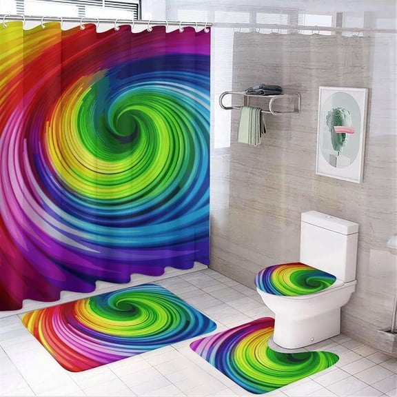 Rainbow Spiral Shower Curtain Set 4 Piece with Non-Slip Rugs, Toilet Lid Cover and Bath Mat Soft Bathroom Carpet Waterproof Bathroom Curtain with 12 Hooks for Bathroom Decor