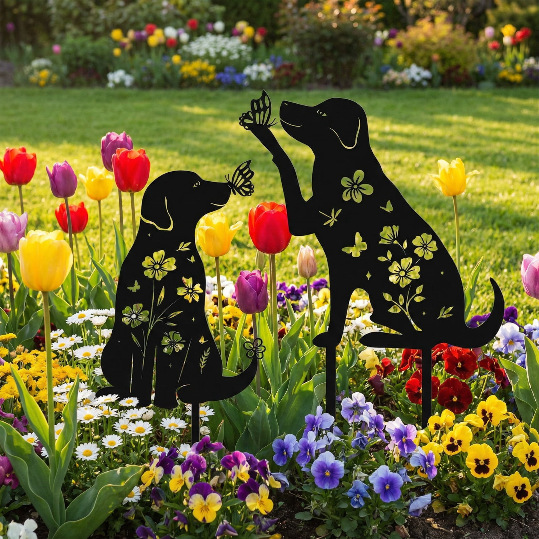 2pcs Dog Garden Stakes with Butterflies & Flowers - Metal Iron Labrador Silhouette Decorative Yard Art - Weather-Resistant Animal Statues for Outdoor Garden, Lawn, Patio, Planter Decor - Dog Lover Gi