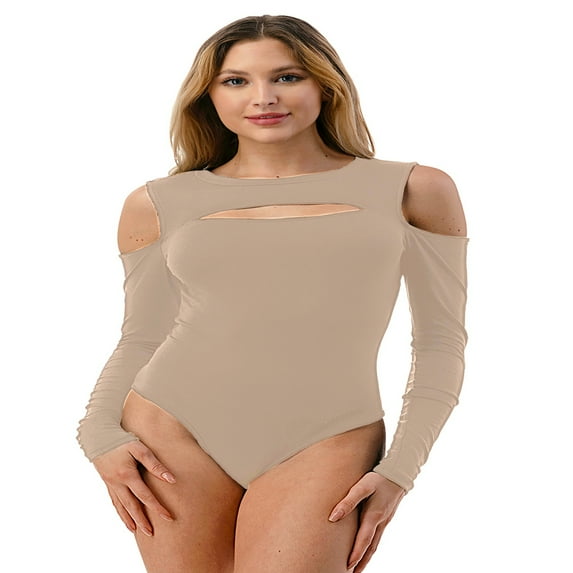 STEPBYJ Women's Cutout Off Shoulder Round Neck Sexy Casual Long Sleeve and Short Sleeve Bodysuit (S, MOCHA)