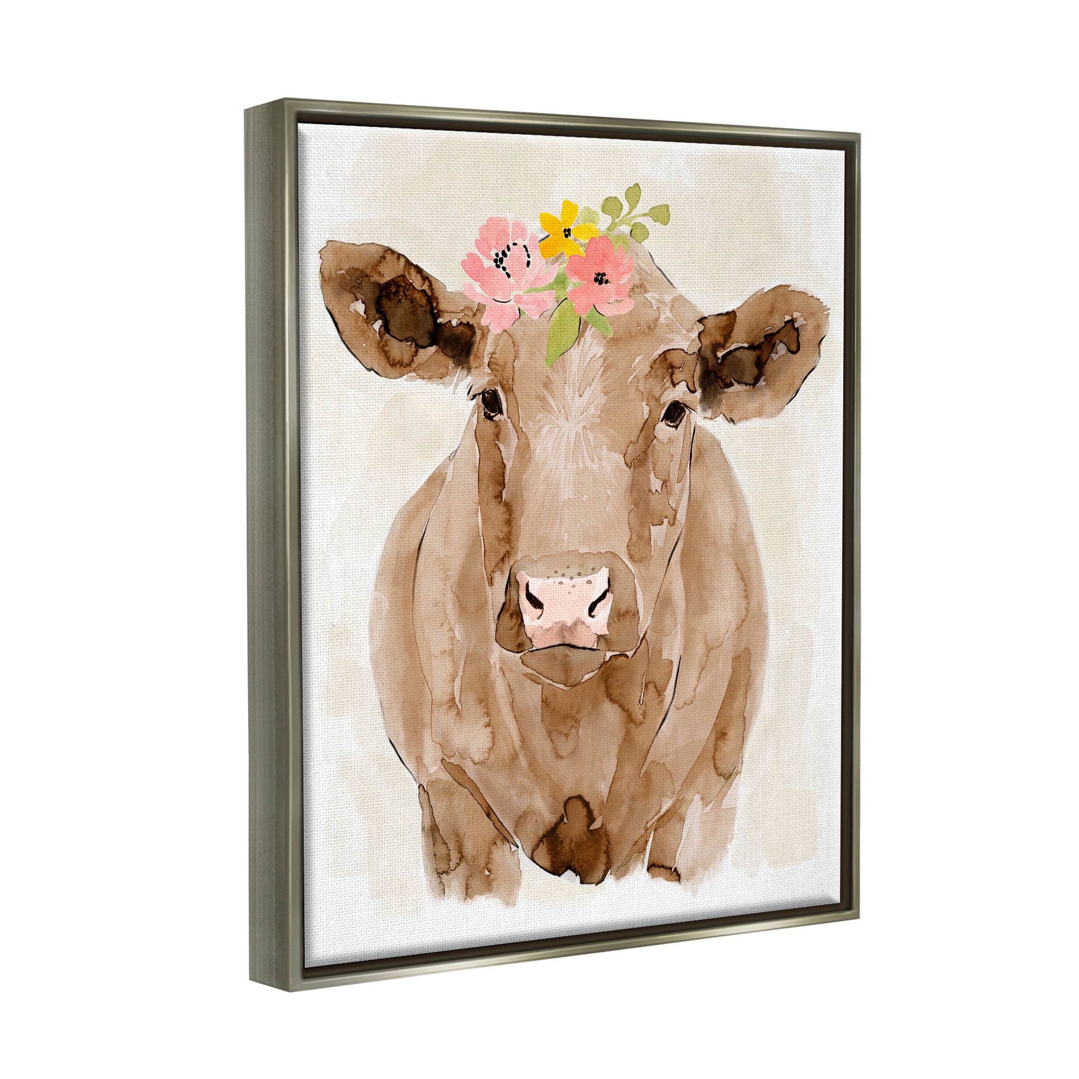 Delicate Blooms Cow Portrait Animals & Insects Graphic Art Luster Gray Framed Art Print Wall Art