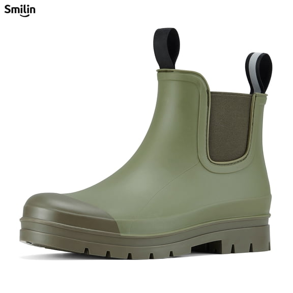 SMILIN Short Ankle Rain Boots for Women, Chelsea Waterproof Anti Slip Garden Shoes with Insole, Olive Green, Size 7