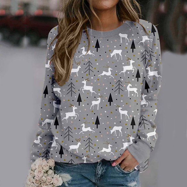 Mode Noël Femmes Imprimé Manches Longues Confortable Respirant Col Rond Chemise Hauts