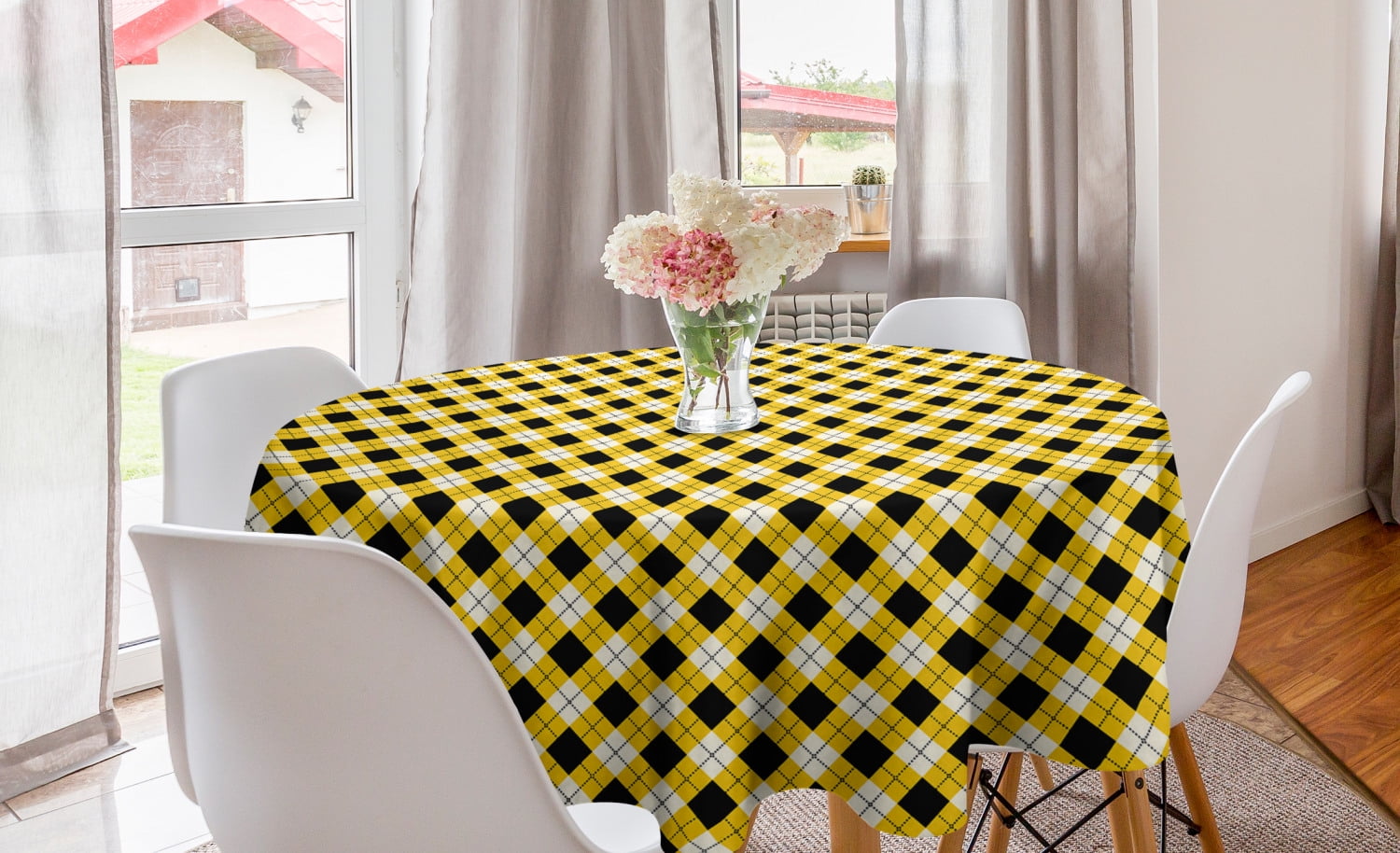 Geometric Round Tablecloth, Argyle Pattern with Rhombuses and Dotted