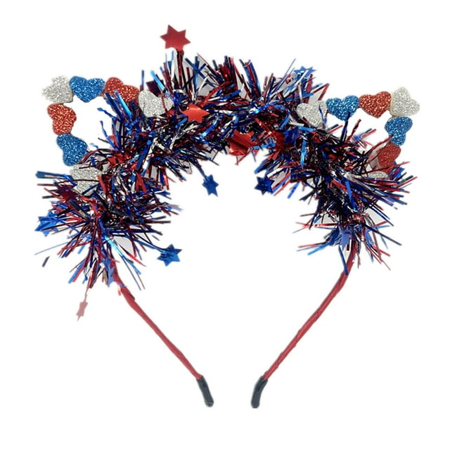 AVMBC Diadema del 4 de julio Día de la Independencia Diadema Accesorios para la cabeza Flecos Corazón Cabello Patriótico Regalos Diademas para el 4 de julio Suministros para el cabello