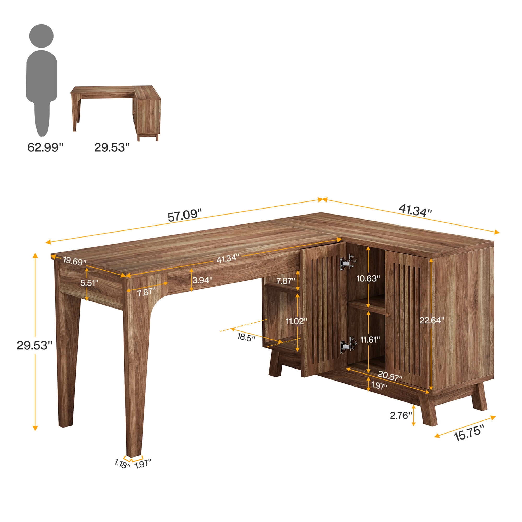 MAYEERTY 41" L-Shaped Corner Desk, Modern Minimalist Wooden Workstation with 2 Open Shelves & Lateral Cabinet