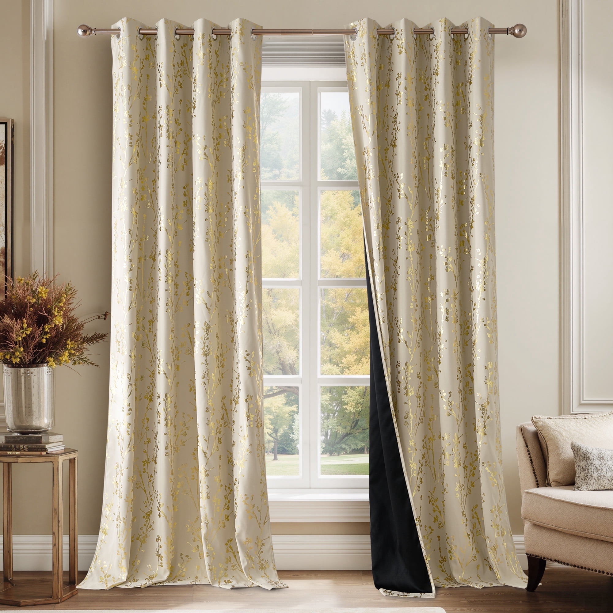 NICETOWN Full Room Darkening Curtains Thermal Insulated Curtains for Living Room Blackout Drapes with Gold Ivory Tree Branch Pattern for Bedroom, Grommet Top, 52W x 63L Inch, Set of 2, Beige