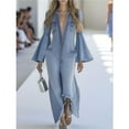 thumbnail image 5 of Women's Denim Jumpsuit Romper Long Bell Sleeve Button Down One-Piece Pants Outfit Light Blue S, 5 of 8