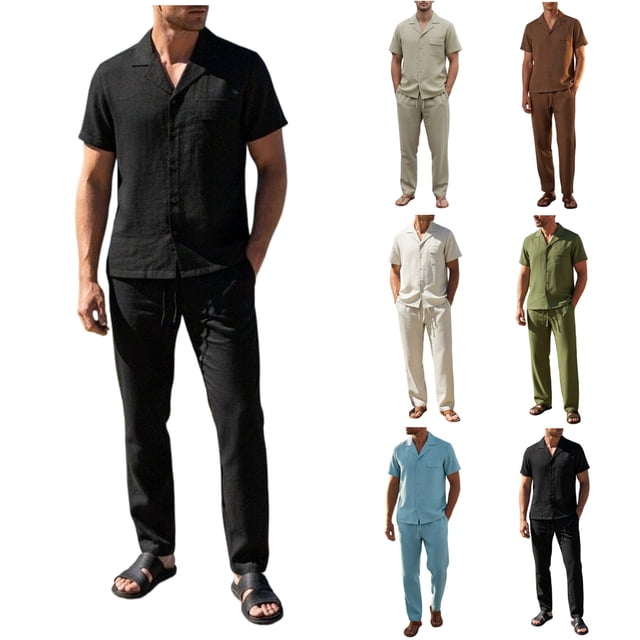 Sentmoon Summer Outfits for Men Men’s Shirts and Big and Tall Mens Pants Stand Collar Pullover and Elastic Waist Pants Long Sleeve Solid Color Casual Outdoors Training Travel Wear
