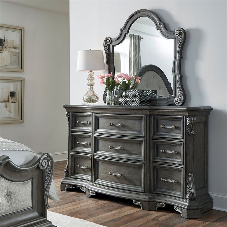 Vivian 9 Drawer Wood Dresser and Mirror Set in Gray Finish by Pulaski Furniture Vivian 9 Drawer Wood Dresser and Mirror Set in Gray Finish by Pulaski Furniture