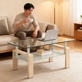 thumbnail image 3 of Living Room Rectangle Coffee Table,Glass Coffee Table 2-Tier,Glass Tabletop with Lower Shelf, Modern Side Center Tables,Oak, 3 of 8