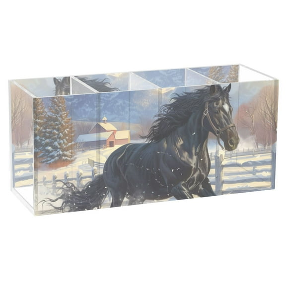 Horse Galloping in Snow Acrylic Pencil Pen Holder Cup 4 Compartments Desktop Organiser 7.87"x2.78"x3.54"