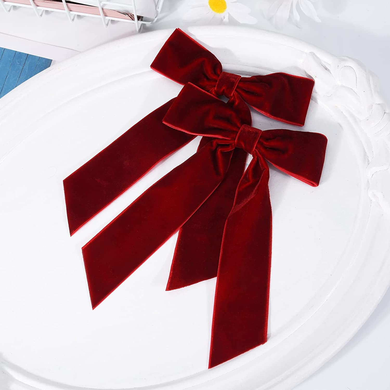 10Pcs Velvet Red Bows Girls Hair Clip Ribbon Accessories for Baby