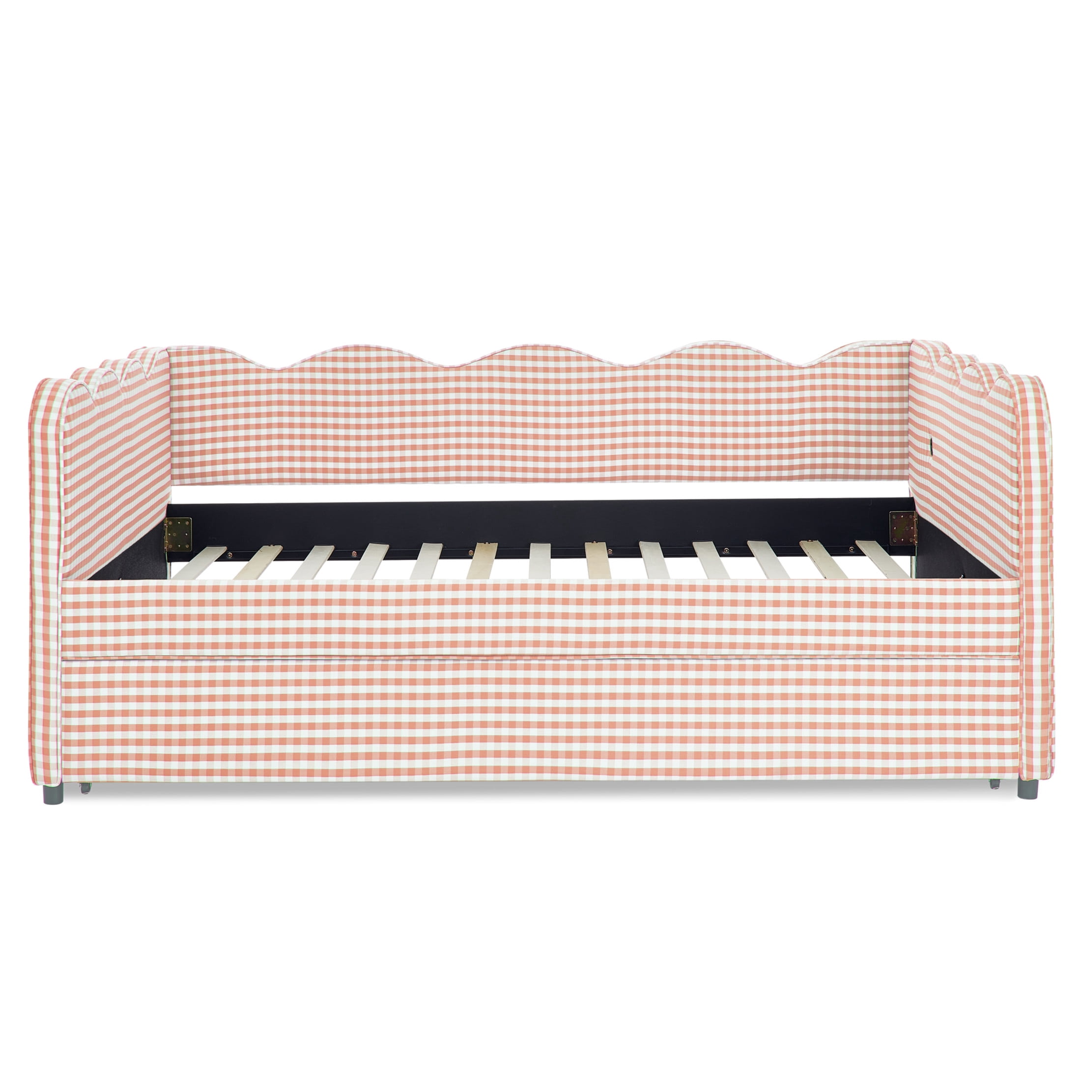 Noble House Wesley Full Size Waved Daybed, Cozy Gingham Linen Sofa Bed with Twin Trundle and Charging Port, Pink