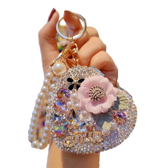 HICESS Folding Mirror Keychain Women Portable Makeup Mirror Rhinestone Faux Pearl Chain Sparkling Mirror Pendant for Touch-Ups Handbag