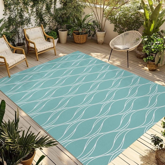 Teal Green Line Outdoor Rug 3x5 ft Country Abstract Art Waves Stripes Classic Non Slip Patio Rug Washable Absorbent Large Outdoor Carpet Outside Mat for Porch RV Garden Camping